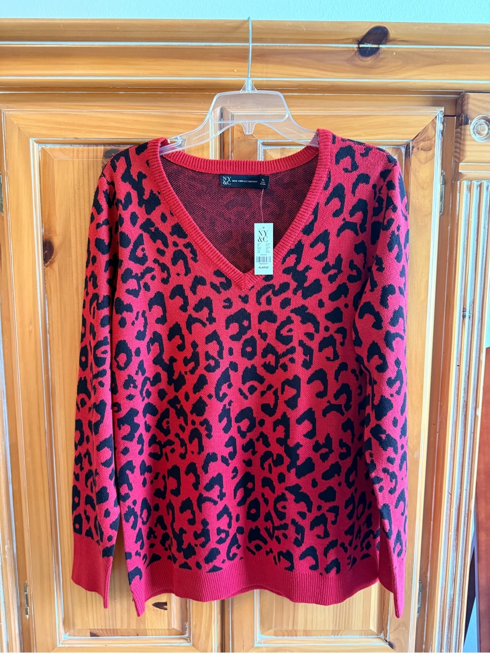 New York & Company Red and Black Leopard Print V-Neck Sweater